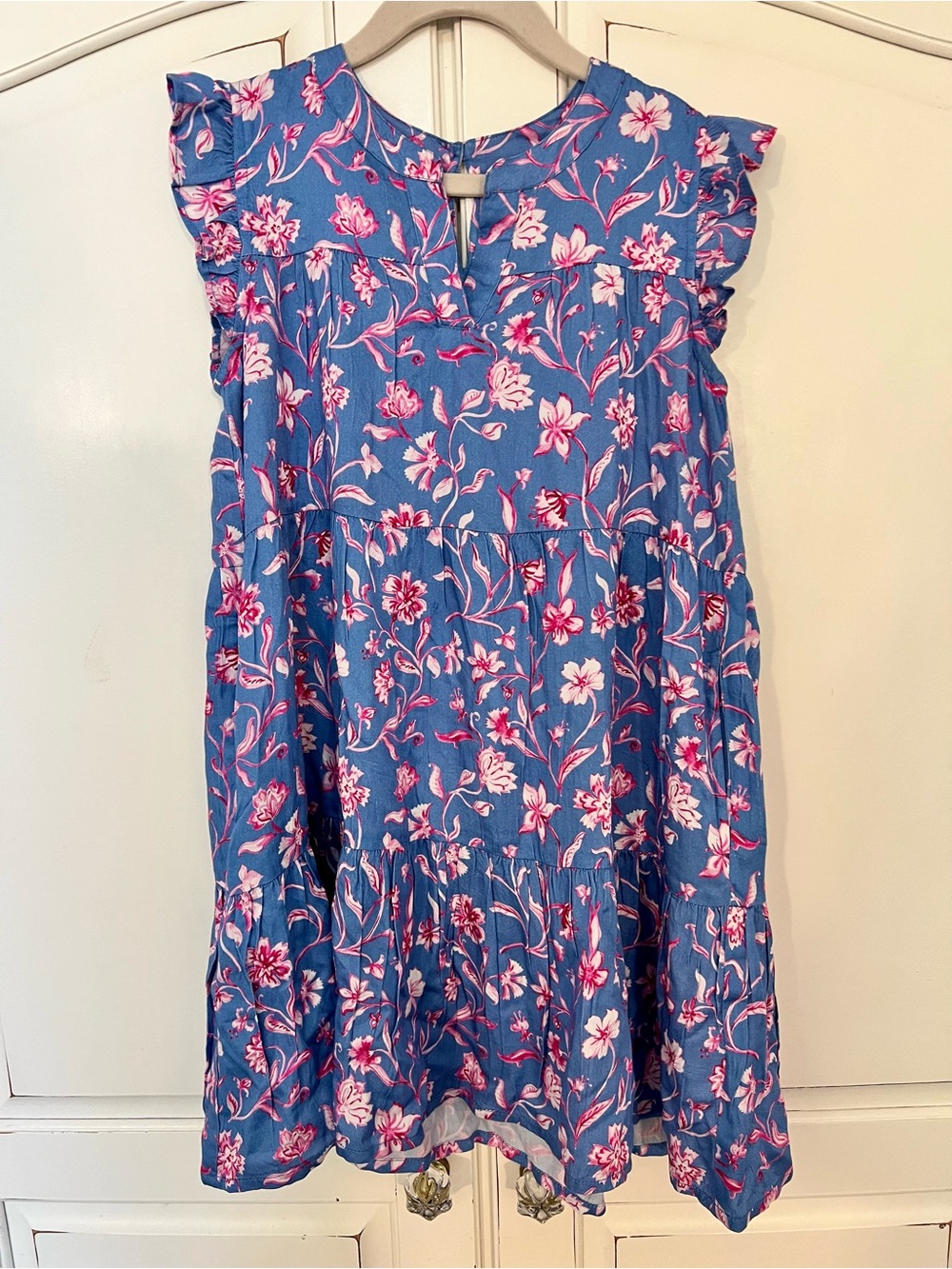 Blue and Pink Floral Ruffle Sleeve Girls' Dress